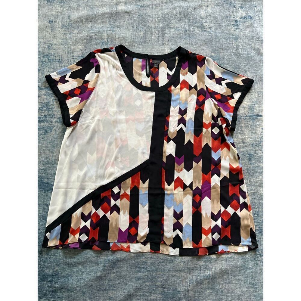 Worthington Ivory Black Cream Blue Red Geometric Chevron Short Sleeve Blouse 3X